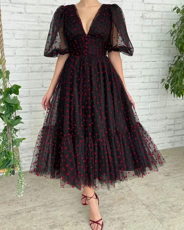 Dot Print Tulle Puff Sleeve Plunging Neck Elegant Dress