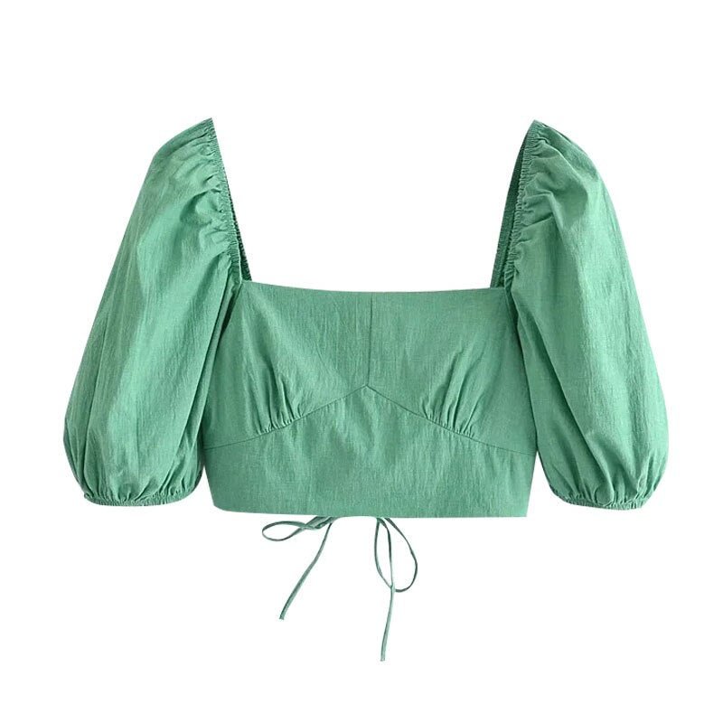TRAF Women Fashion With Elastic Trims Cropped Blouses Vintage Short Sleeve Back Cross Straps Female Shirts Chic Tops