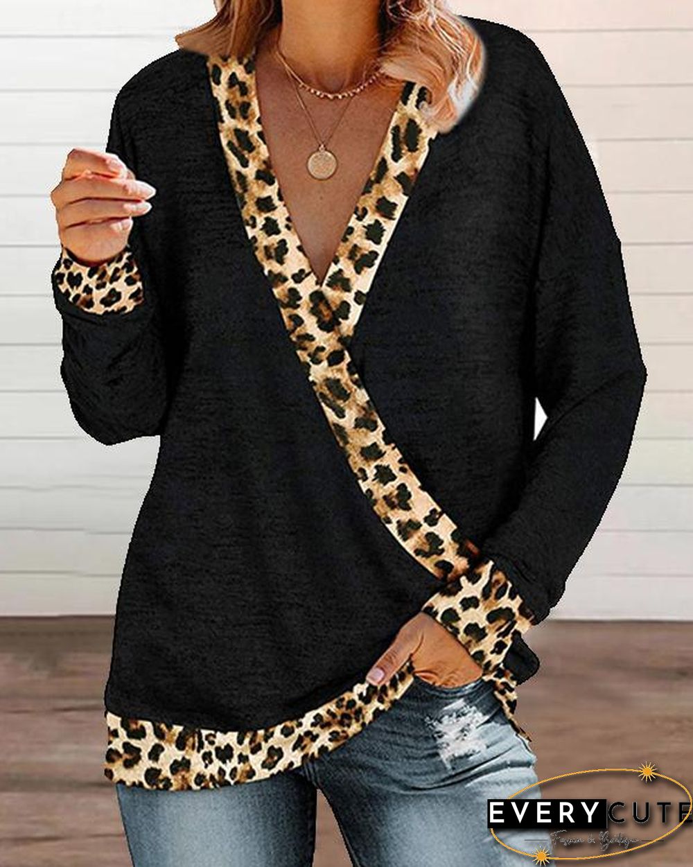 Leopard Patchwork V Neck Loose Fit Shirts&Tops