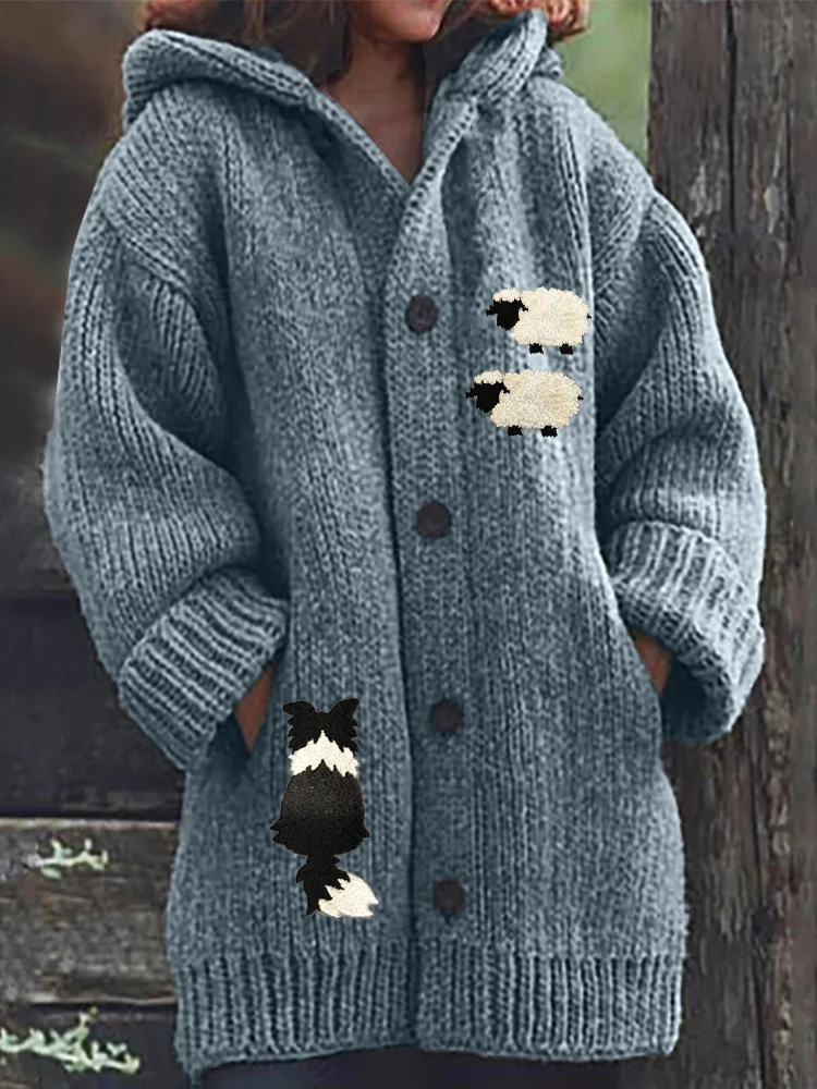 Border Collie & Sheep Embroidered Cozy Knit Hooded Cardigan