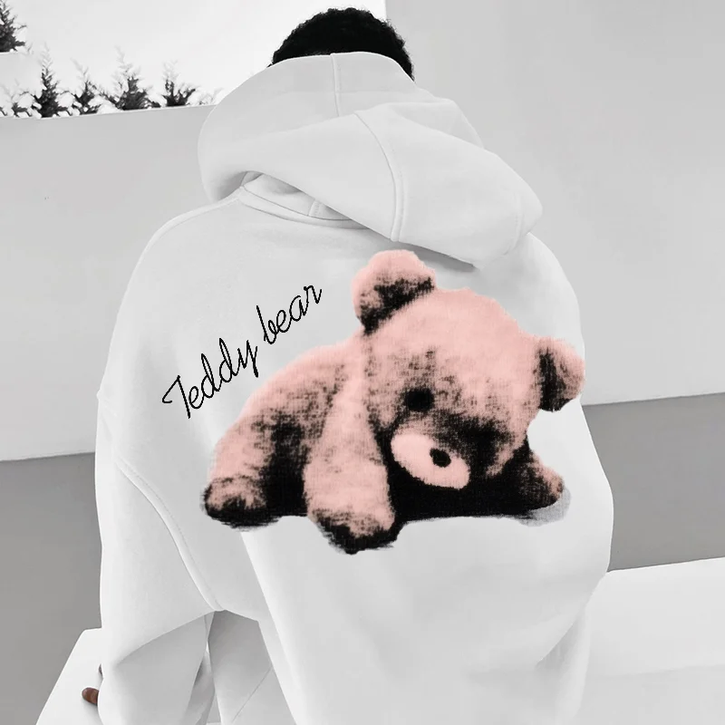 Oversized Bear Graphic And Text Printed Fashionable Casual Hooded Sweatshirt、、URBENIE