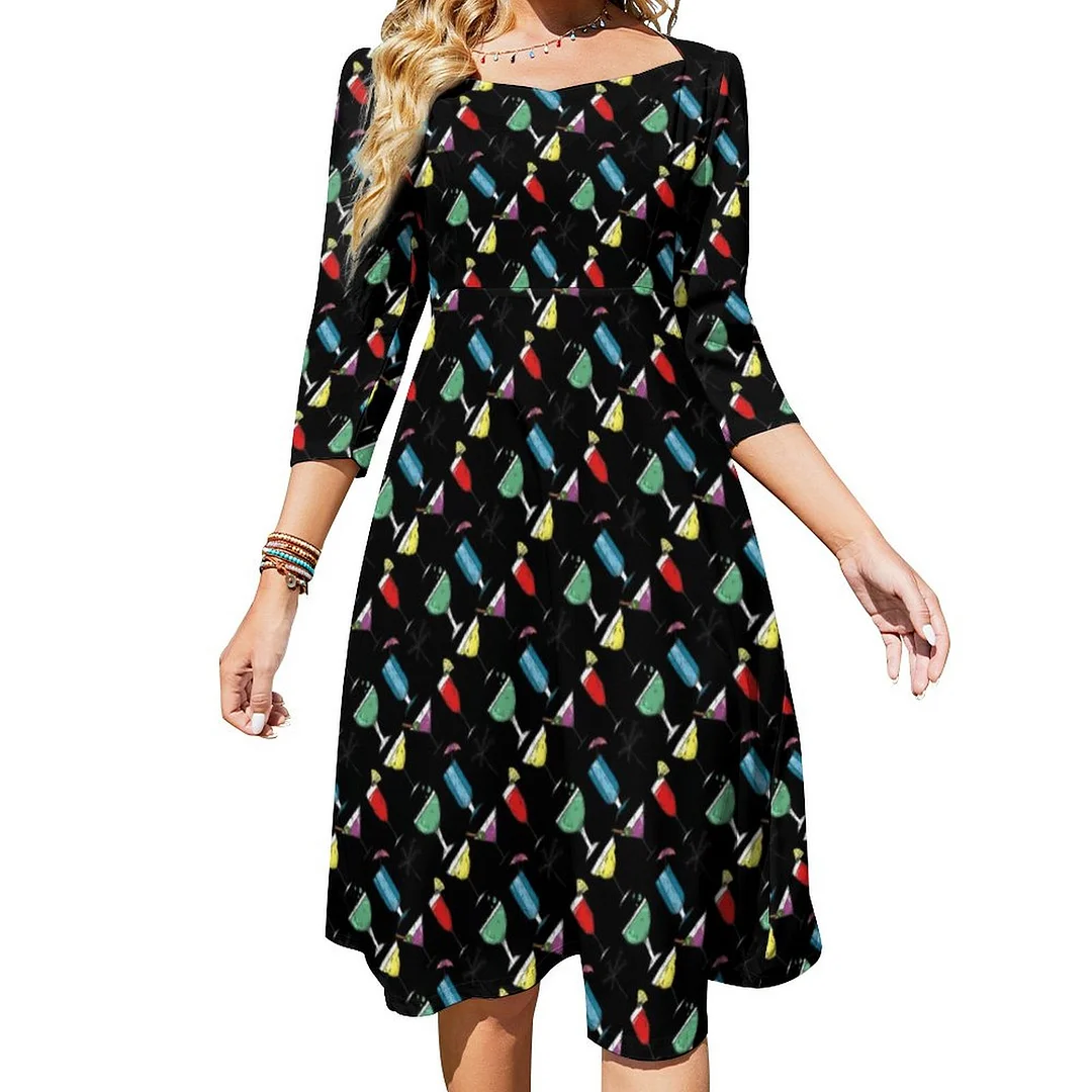 Fun Summer Coctails Drinks Party Pattern Dress Sweetheart Tie Back Flared 3/4 Sleeve Midi Dresses