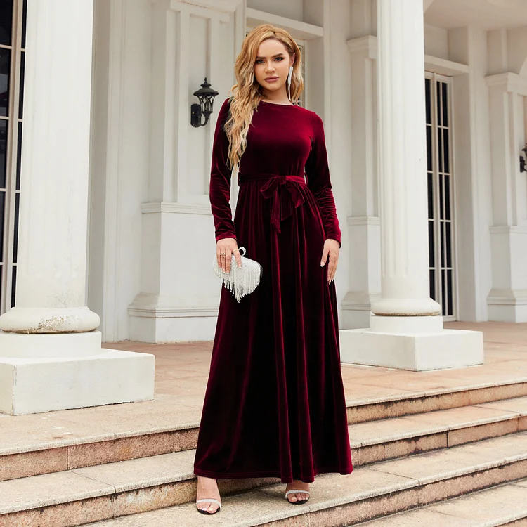 Women's Velvet Party Dress Waist Tie up Velvet Maxi Swing Dress
