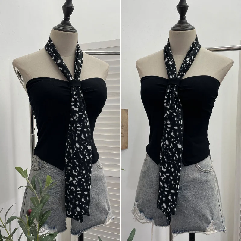 Nigikala Nigikala Shot Leopard-Print Silk Scarf Hanging Neck Design Folded Bra Strap Chest Pad Vest Short Sleeveless Top Lady 9206