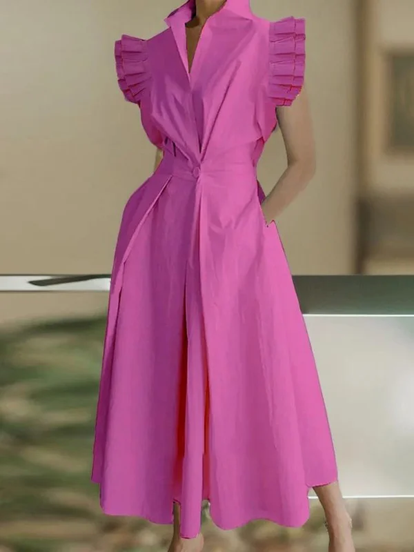 A-Line Cap Sleeve Buttoned Pleated Pockets Solid Color Stand Collar Midi Dresses