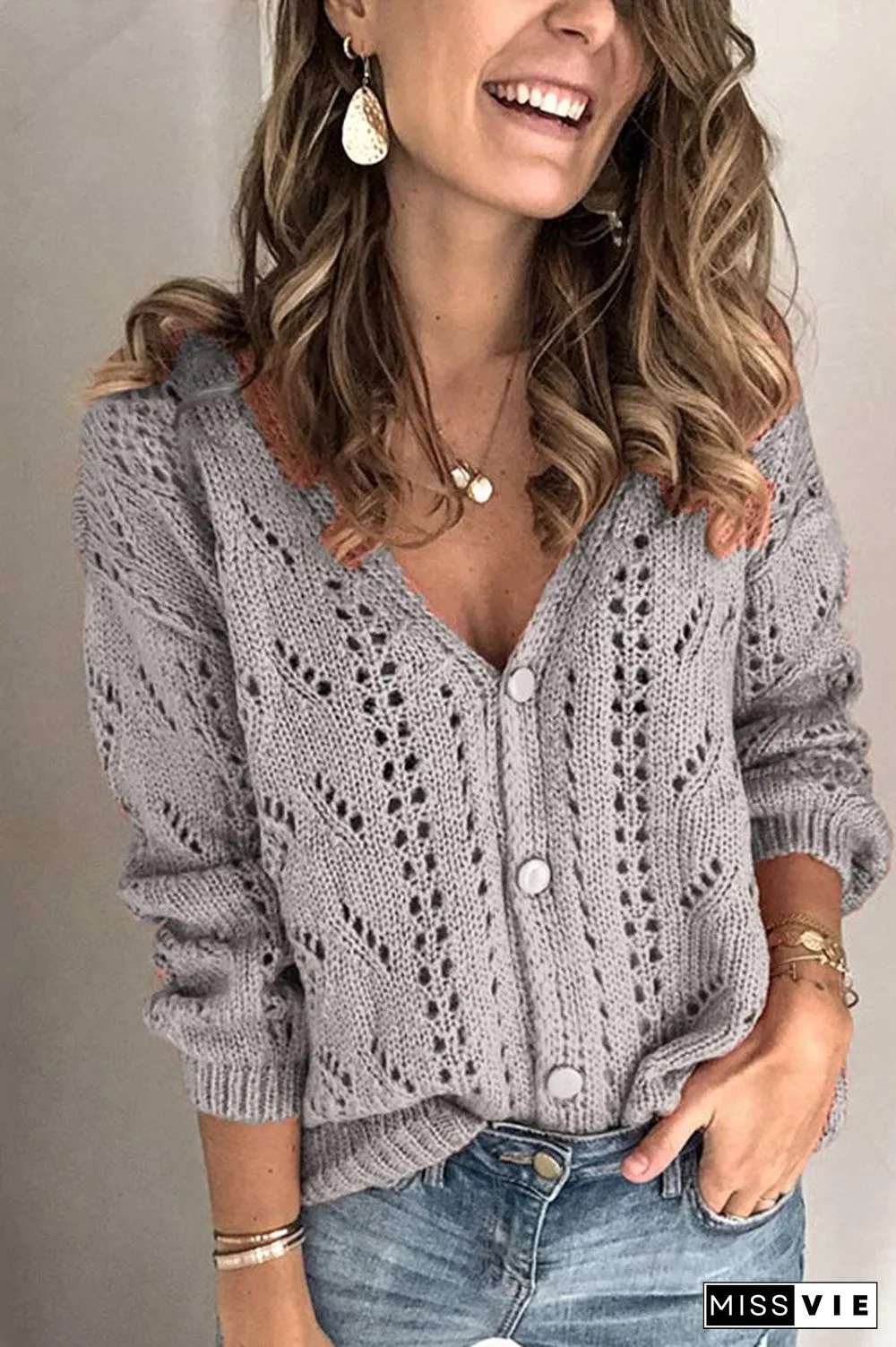 Casual Solid Color Hollow V-neck Sweater