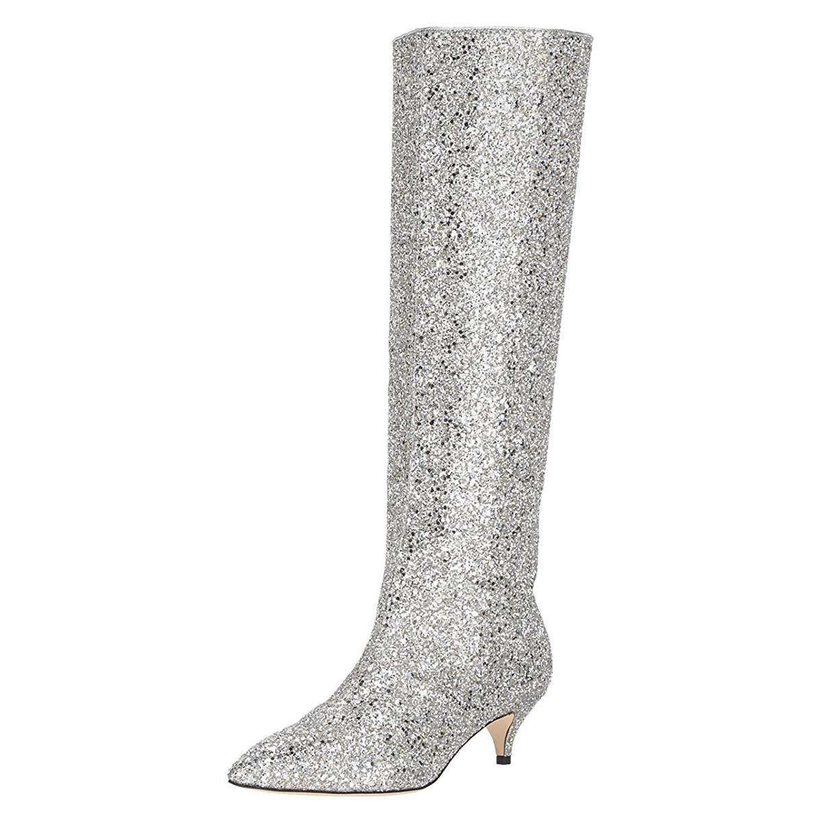Women's Glitter Pointed Toe Kitten Heel Knee-High Sparkly Boots