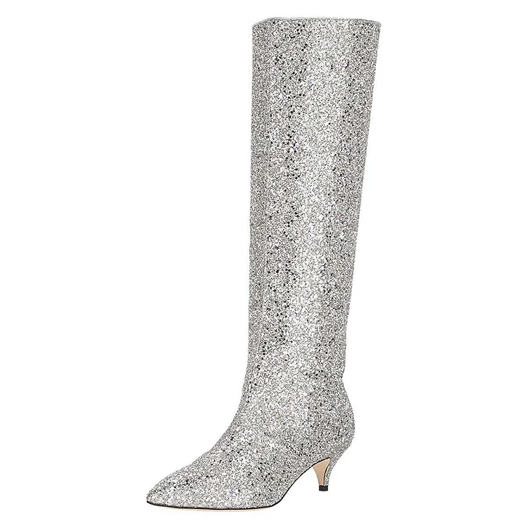 Silver Pointed Toe Kitten Heel Knee-High Glitter Boots for Women |FSJ Shoes
