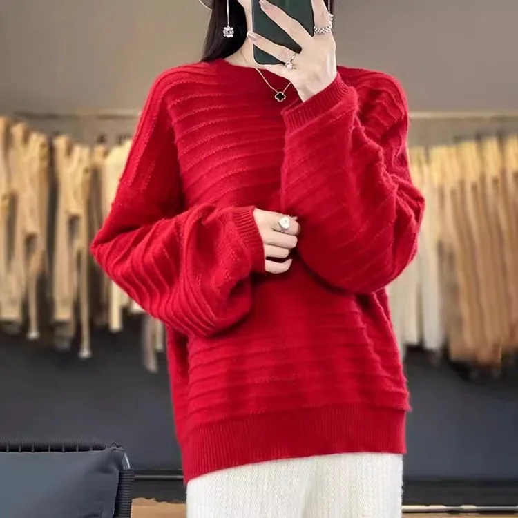 Athvotar Athvotar Women's Round Collar Full Body Hook Line Showing Thin Thick Sweater Loose Leisure Autumn And Winter New Knitted Shirt Comfortable Outerwear