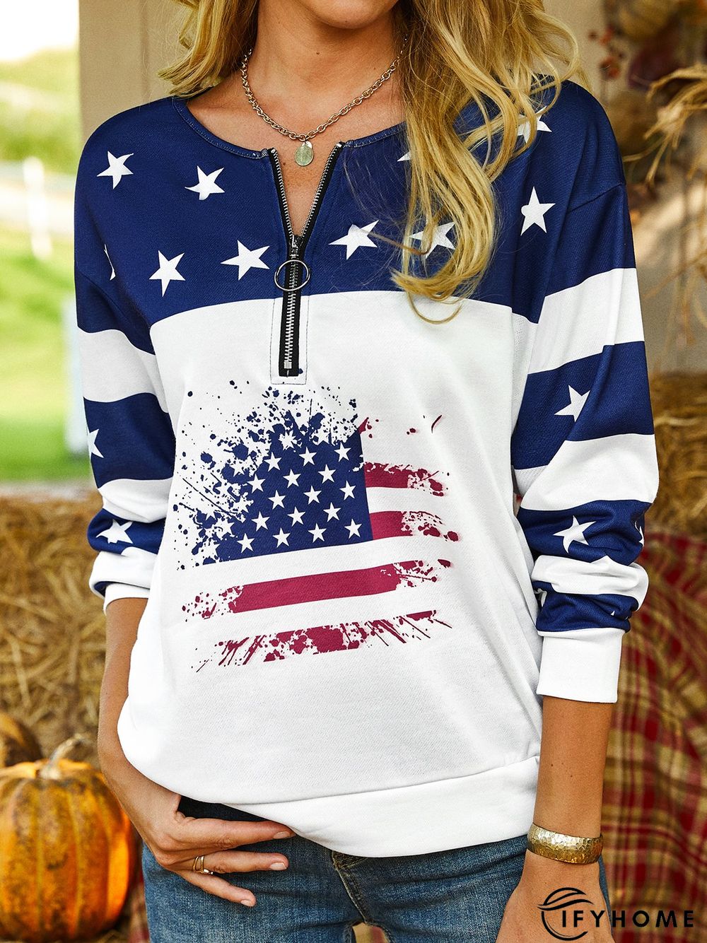 Casual Hippie Stars Zipper Flag Printed Round Neck Sweatshirt | IFYHOME