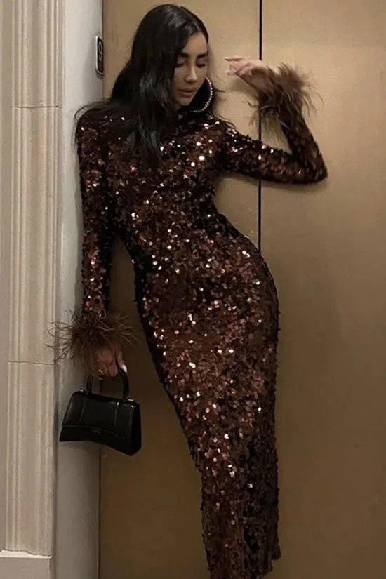 Sparkly Feather Trim Long Sleeve Velvet Sequin Midi Dress- Chocolate