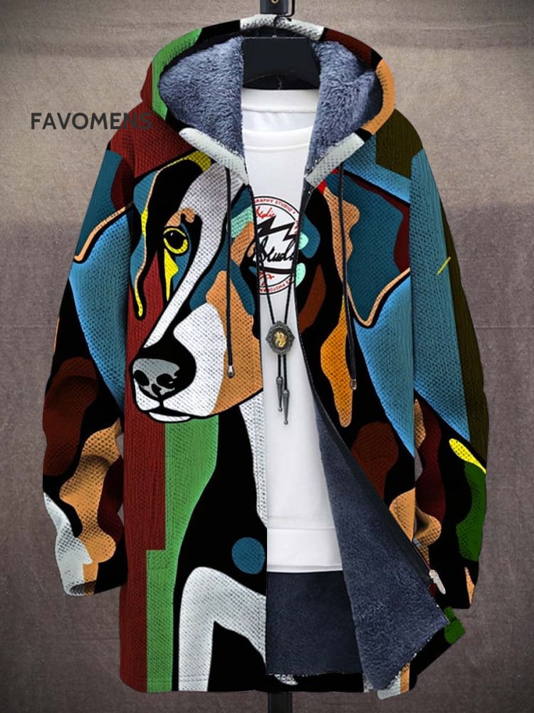 Unisex Retro Abstract Art Dog Plush Thick Long-Sleeved Sweater Cardigan Coat Multicolor / S
