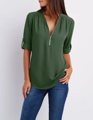 V-neck zipper sleeveless loose chiffon shirt