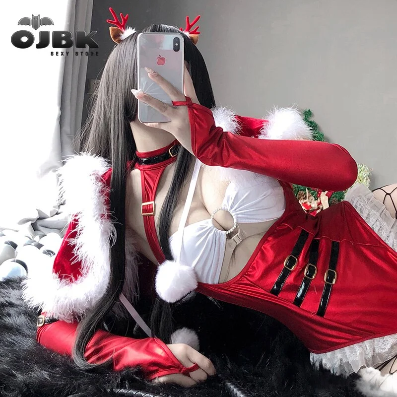 OJBK Red Christmas Princess Cosplay Costumes Sexy Bodysuit With Shawl Gloves Stocking Open Chest Outfit Temptation Anime Hot Set