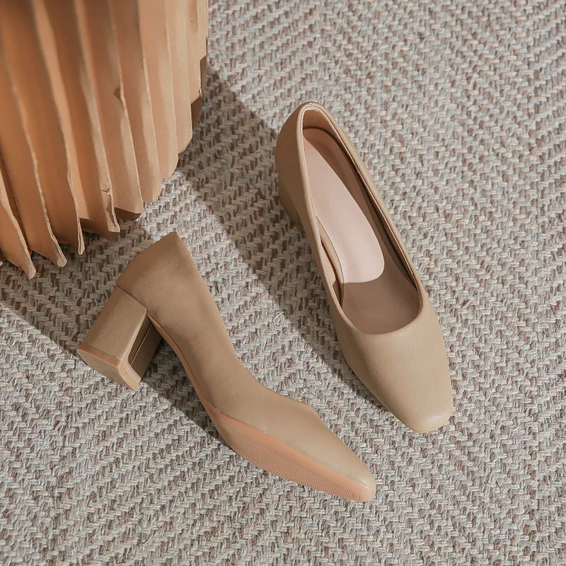 Uveng Uveng Bare-Colored High-Heeled Women's French Temperament Spring Small Square Head Coarse Working Shoes With Skirt Soft Leather Single Shoes