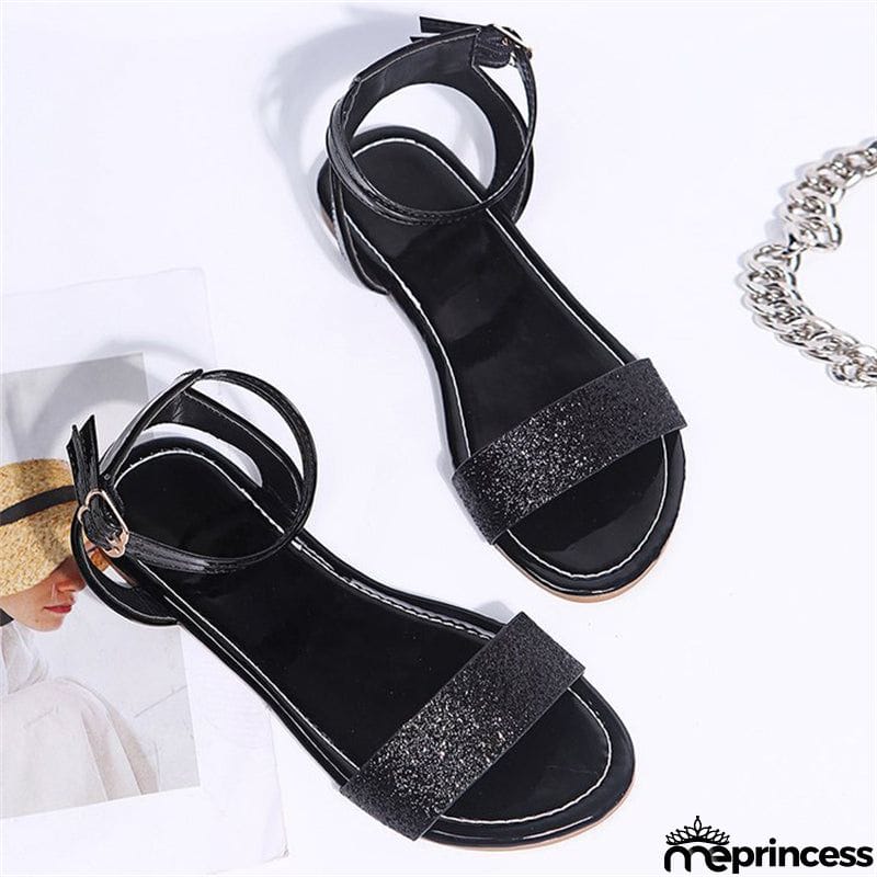 Gorgeous Retro Shiny Sequins Buckle Flat Roman Sandals for Women