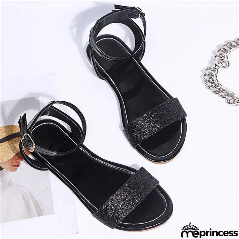 Gorgeous Retro Shiny Sequins Buckle Flat Roman Sandals for Women