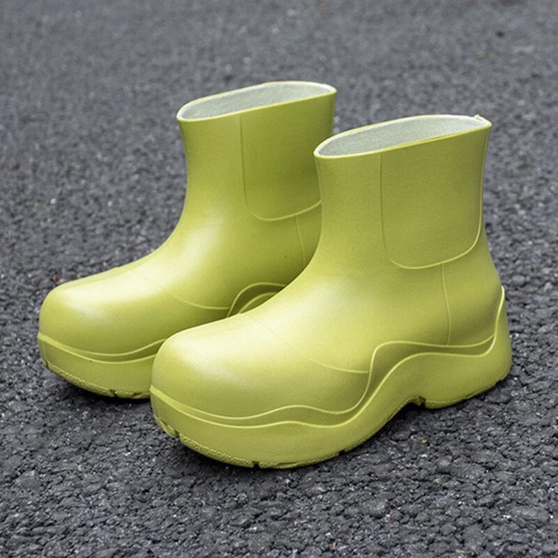 Street Trend  Women Boots Solid Color Waterproof Rain Boots Slip-on Head Short Boots Avocado Ankle Boots PU Women Platform Shoes