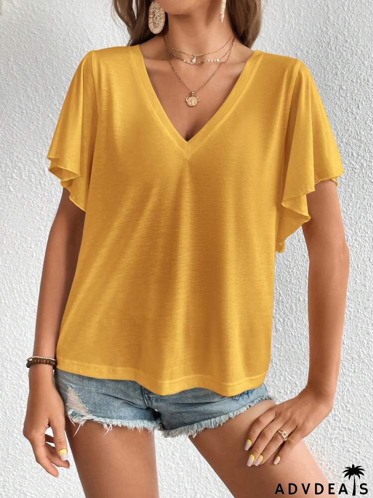 Solid V Neck Butterfly Sleeve Tee