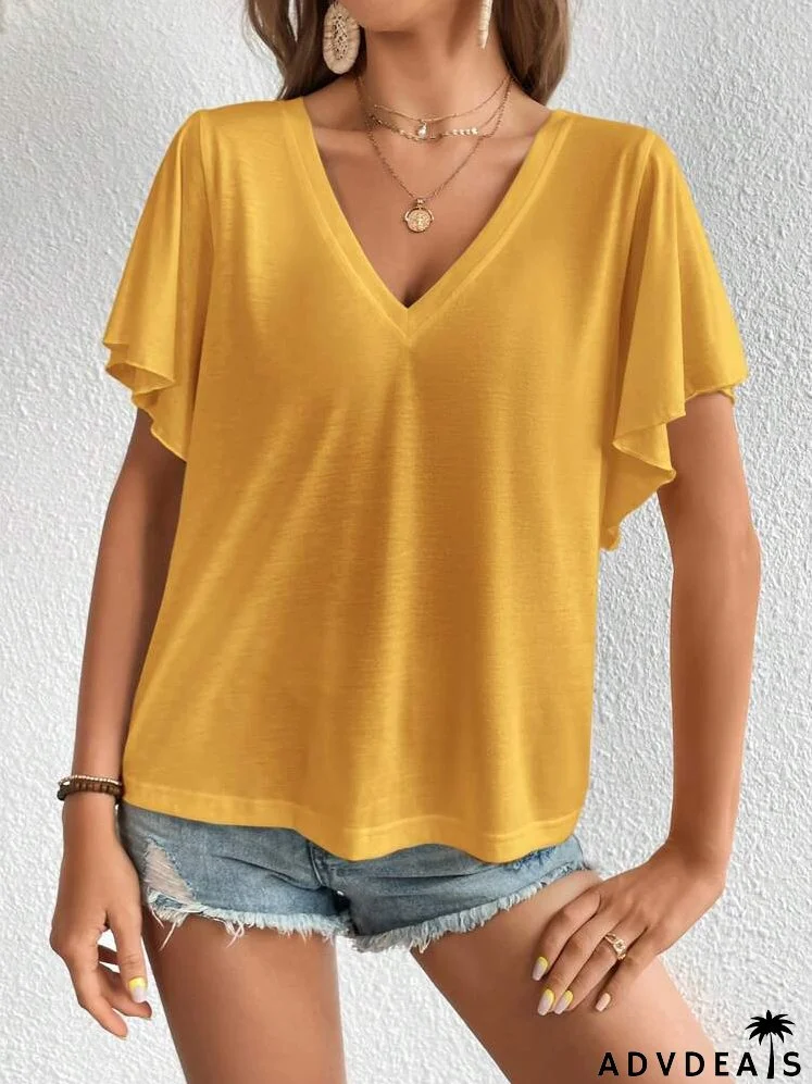 Solid V Neck Butterfly Sleeve Tee