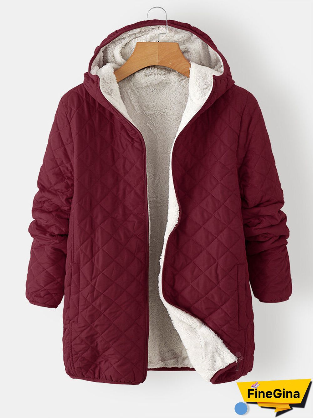 Solid Plush Zip Front Pocket Hooded Long Sleeve Coat