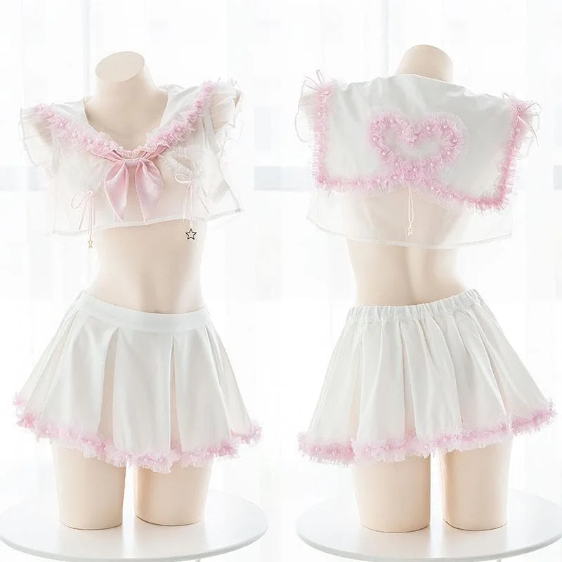 Pink Princess Lace Transparent Floral School Uniform Lingerie SP14679