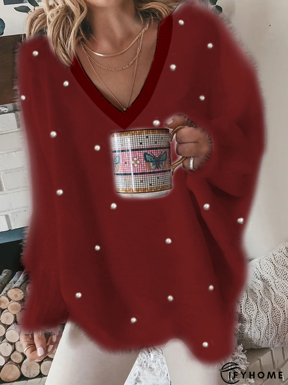 V Neck Casual Plain Pearl Fuzzy Tunic Sweater Knit Jumper | IFYHOME