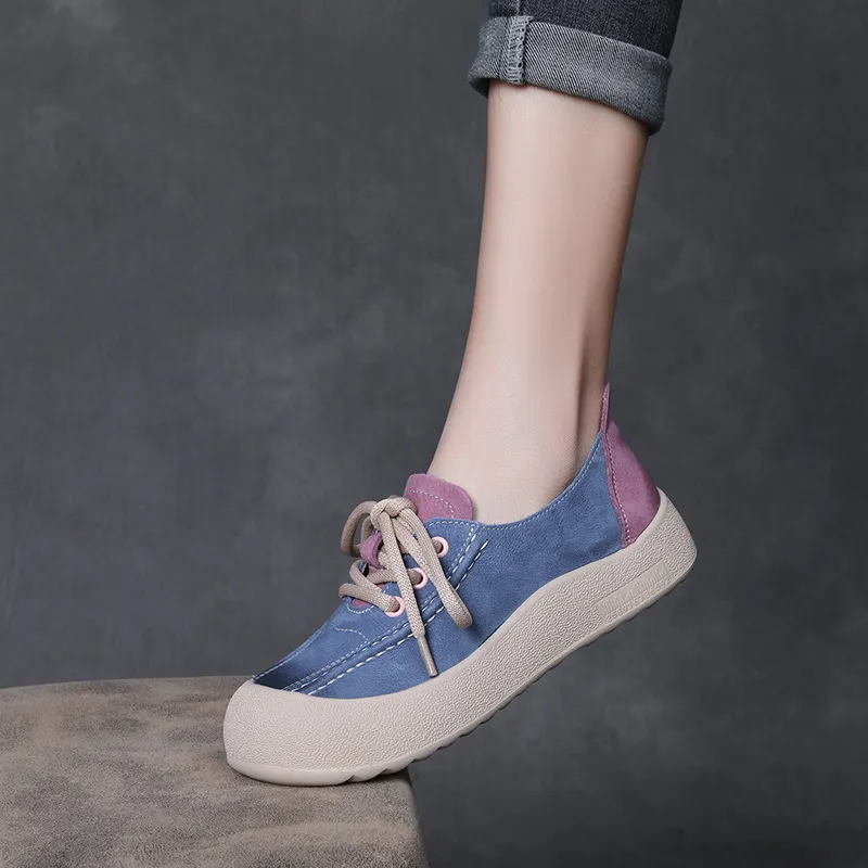 Yyvonne Leather Round Head Casual Shoes Women 2025 Spring New Flat Bottom Lace Single Shoes Fashion Leather Shoes