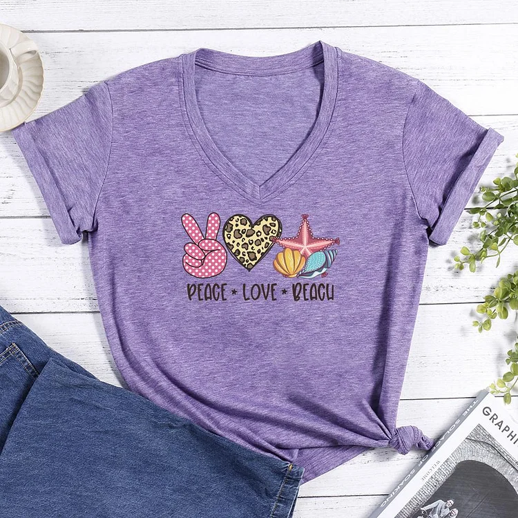 Peace love beach V-neck T Shirt-Annaletters