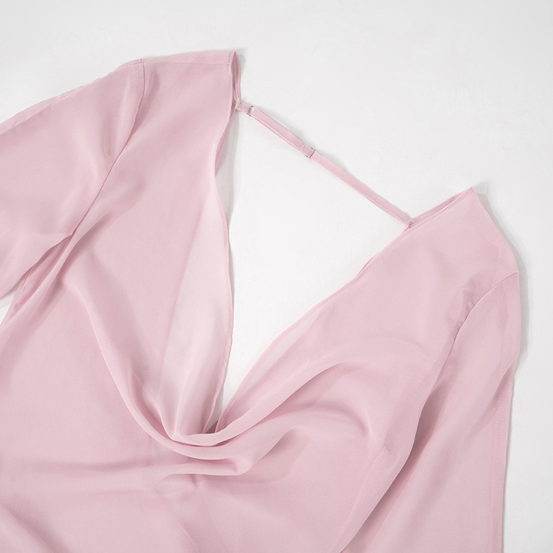 JULISSA MO Sexy Backless See Through Mesh Women Dress Pink Long Sleeve Deep V-neck Dress Female Summer Loose Elegant Beachwear