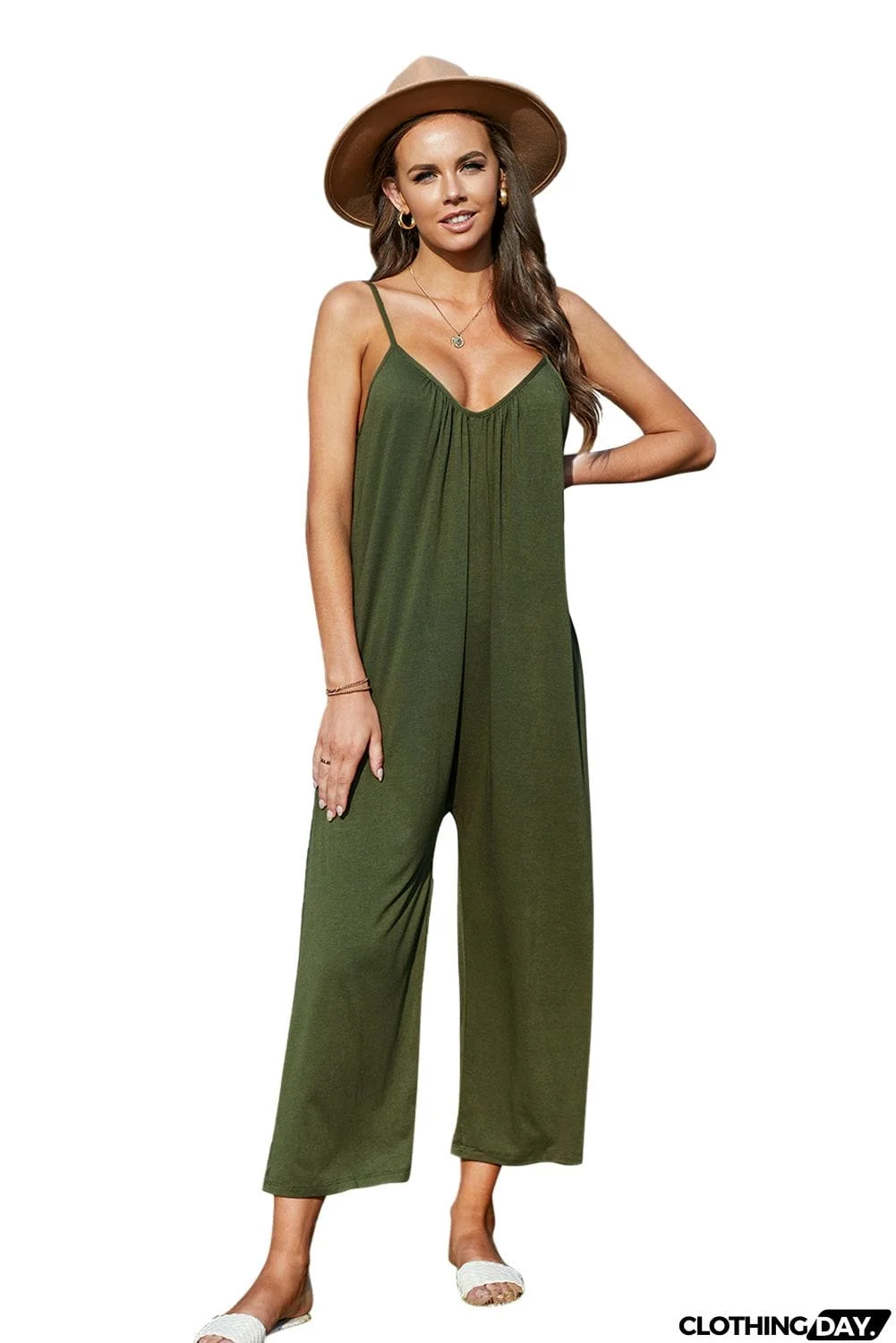 Spaghetti Straps Wide Leg Pocketed Jumpsuits