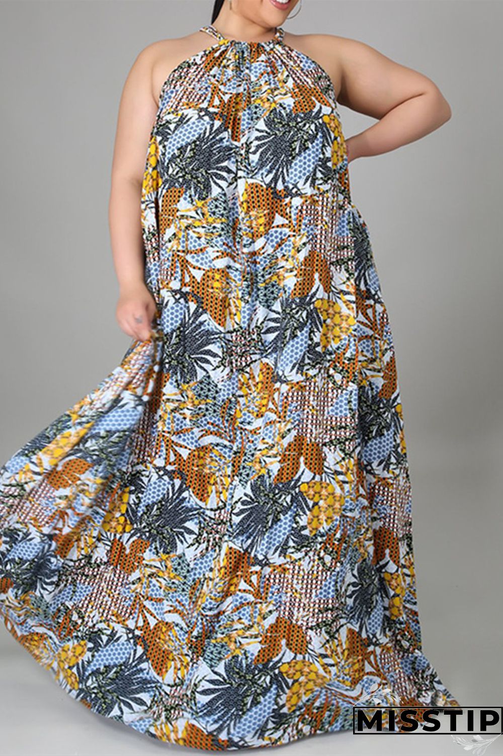 Green Fashion Casual Plus Size Print Basic O Neck Sleeveless Dress