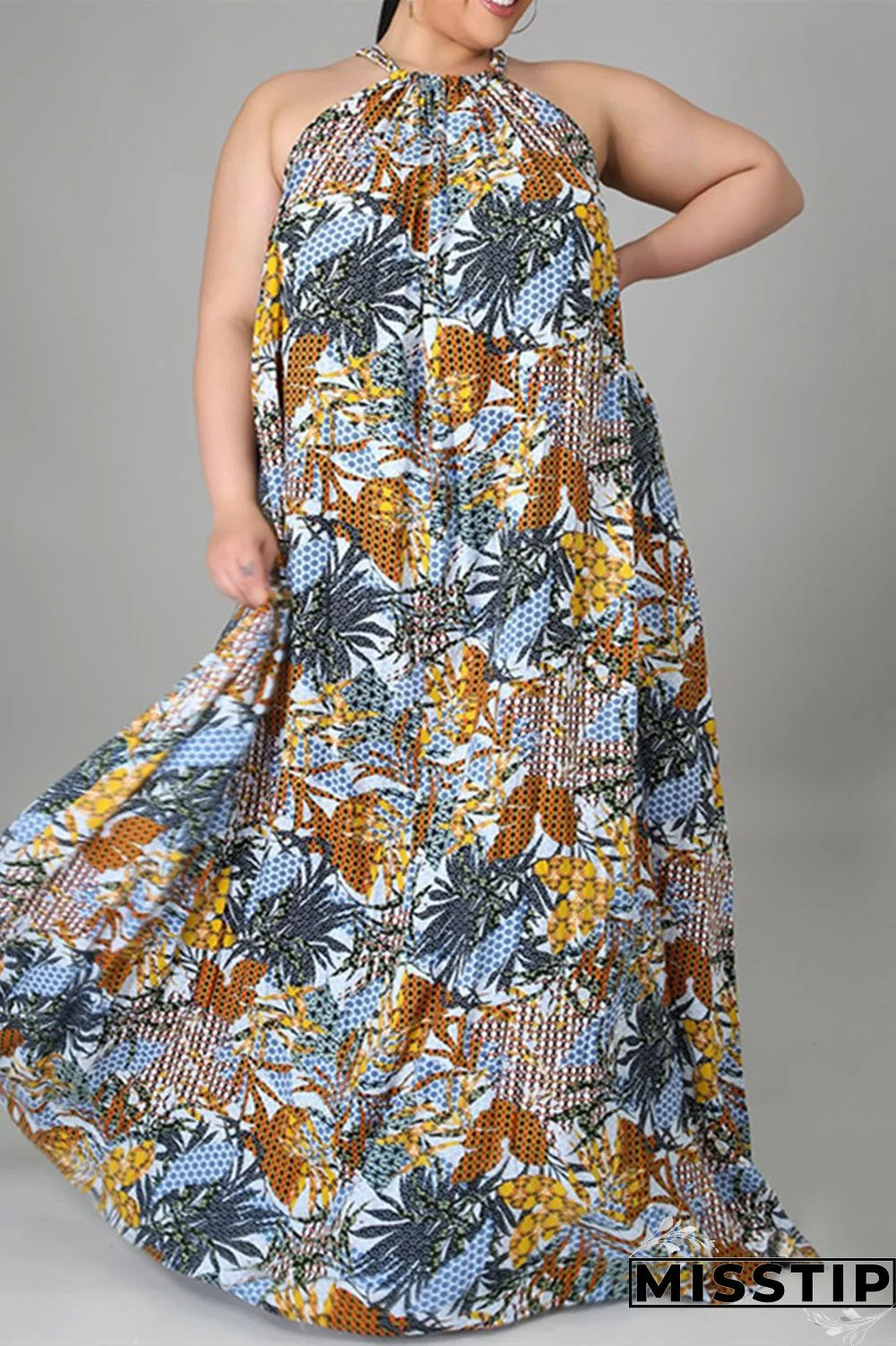 Brown Fashion Casual Plus Size Print Basic O Neck Sleeveless Dress