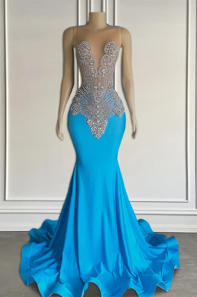Luluslly Ocean Blue Sleeveless Mermaid Prom Dress Long Beadings