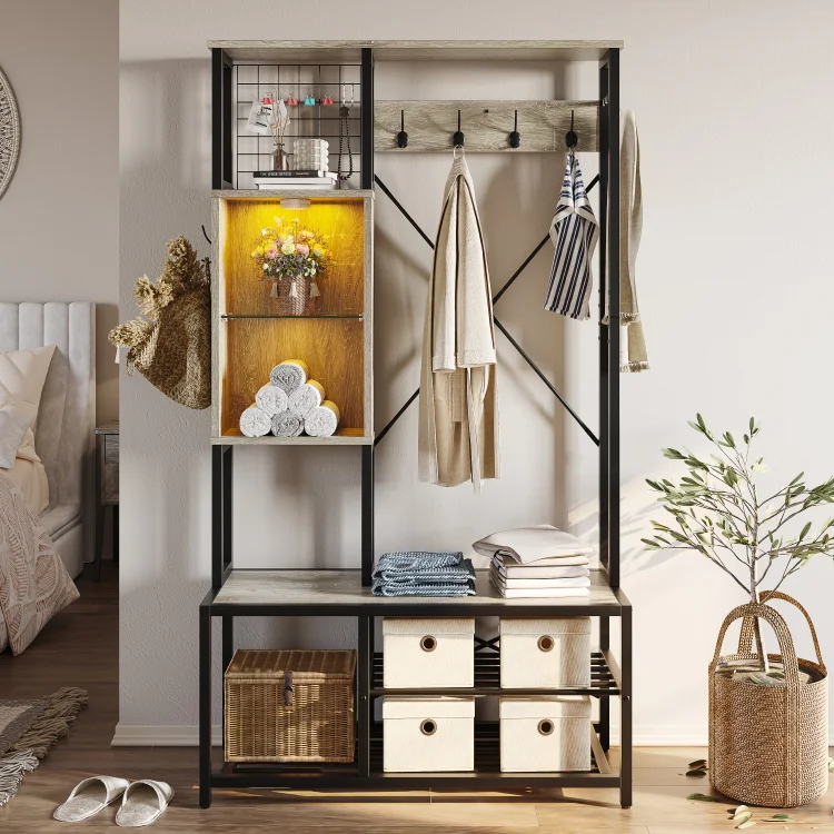 Bestier Entryway Hall Tree with LED Lights, Gray