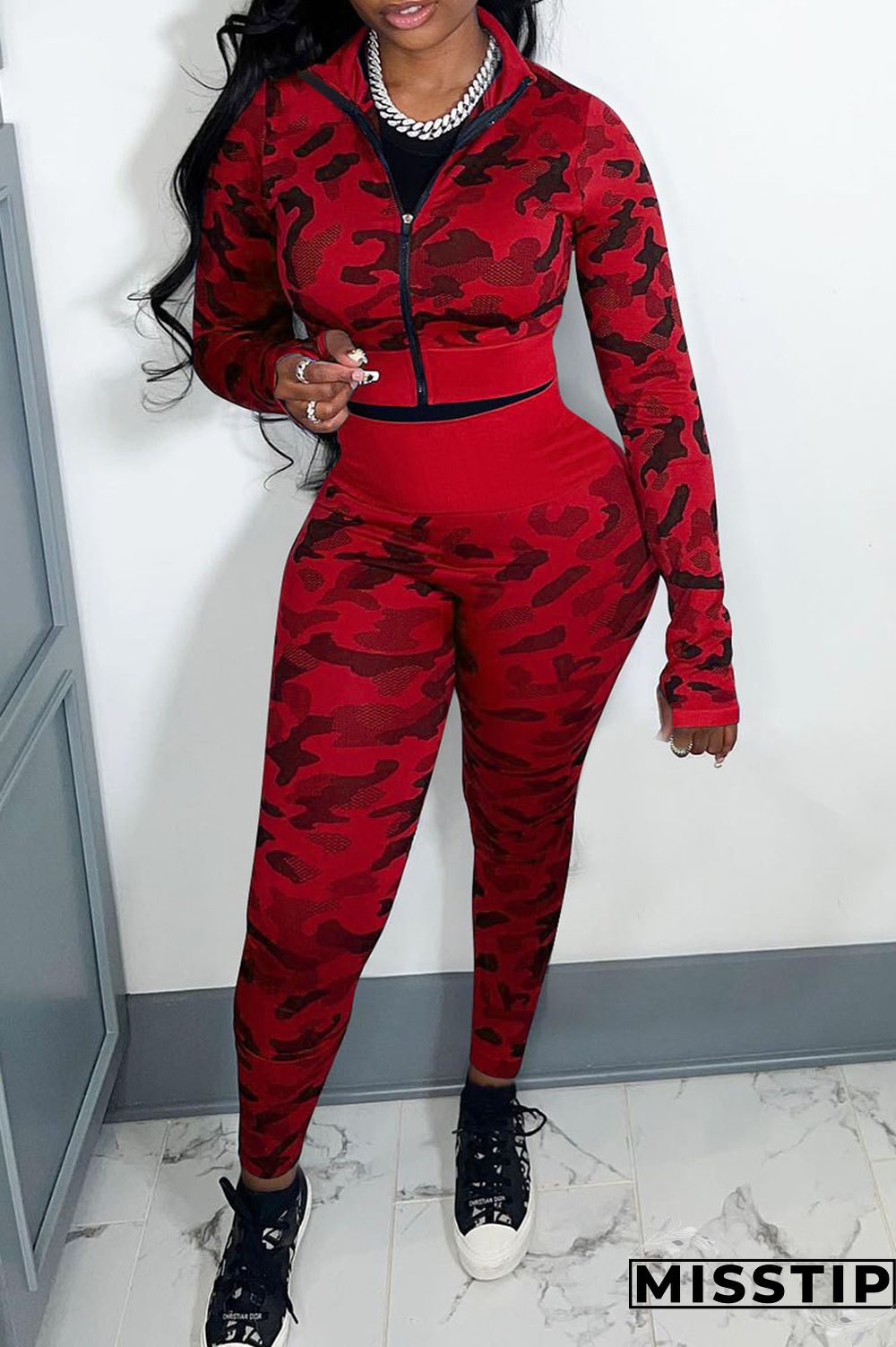 Blue Casual Camouflage Print Patchwork Zipper Long Sleeve Two Pieces