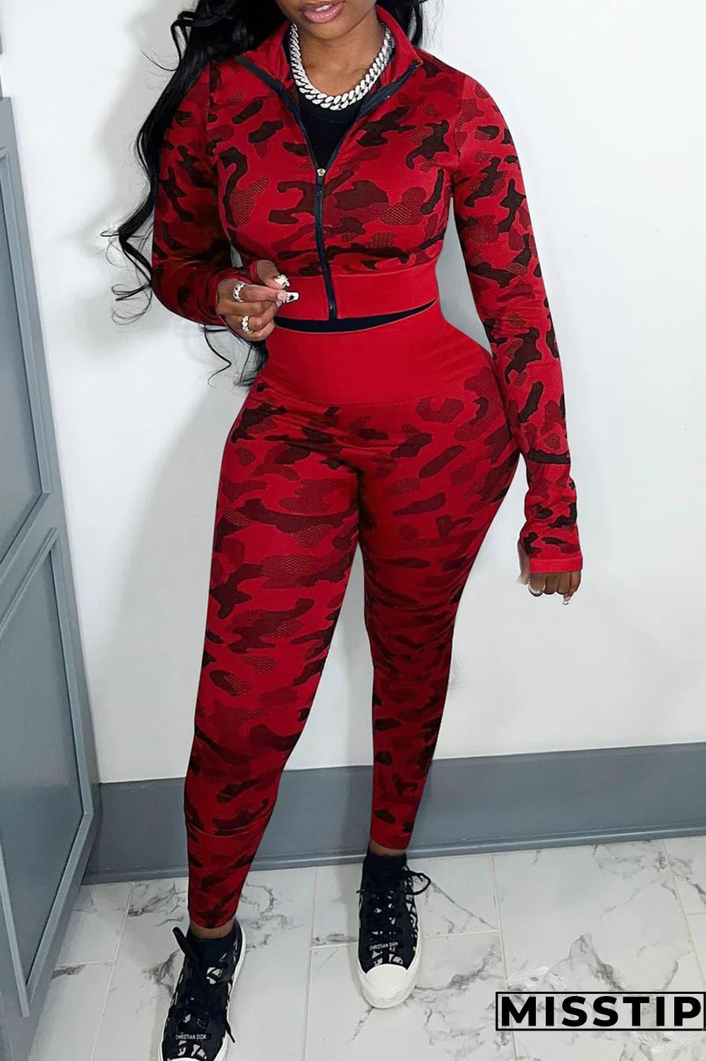 Blue Casual Camouflage Print Patchwork Zipper Long Sleeve Two Pieces