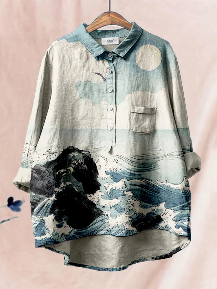 Vintage Ocean Art Linen Blend Comfy Shirt