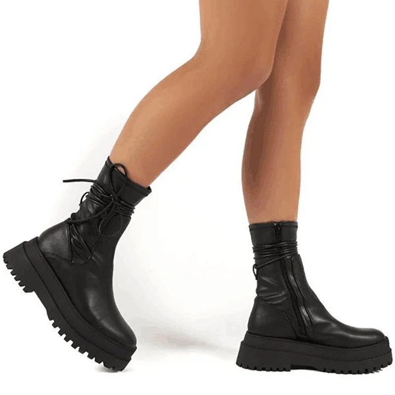 Vstacam 2022 New Ladies Boots Women's Ankle Boots Platform Fashion PU Leather Shoes Plus Size Women Lace Up Thick Bottom Female Footwear