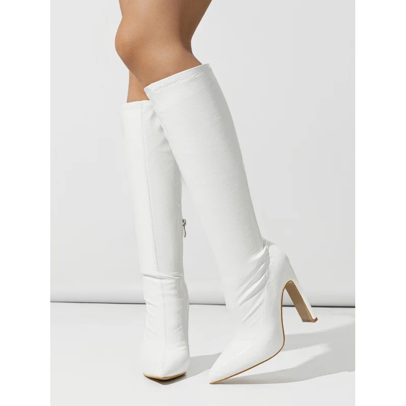 Yyvonne New Coarse Heel Medium Cylinder Elastic Inner Zipper Diamond Irregular Fashion Stone-Print Pointed Female Boots