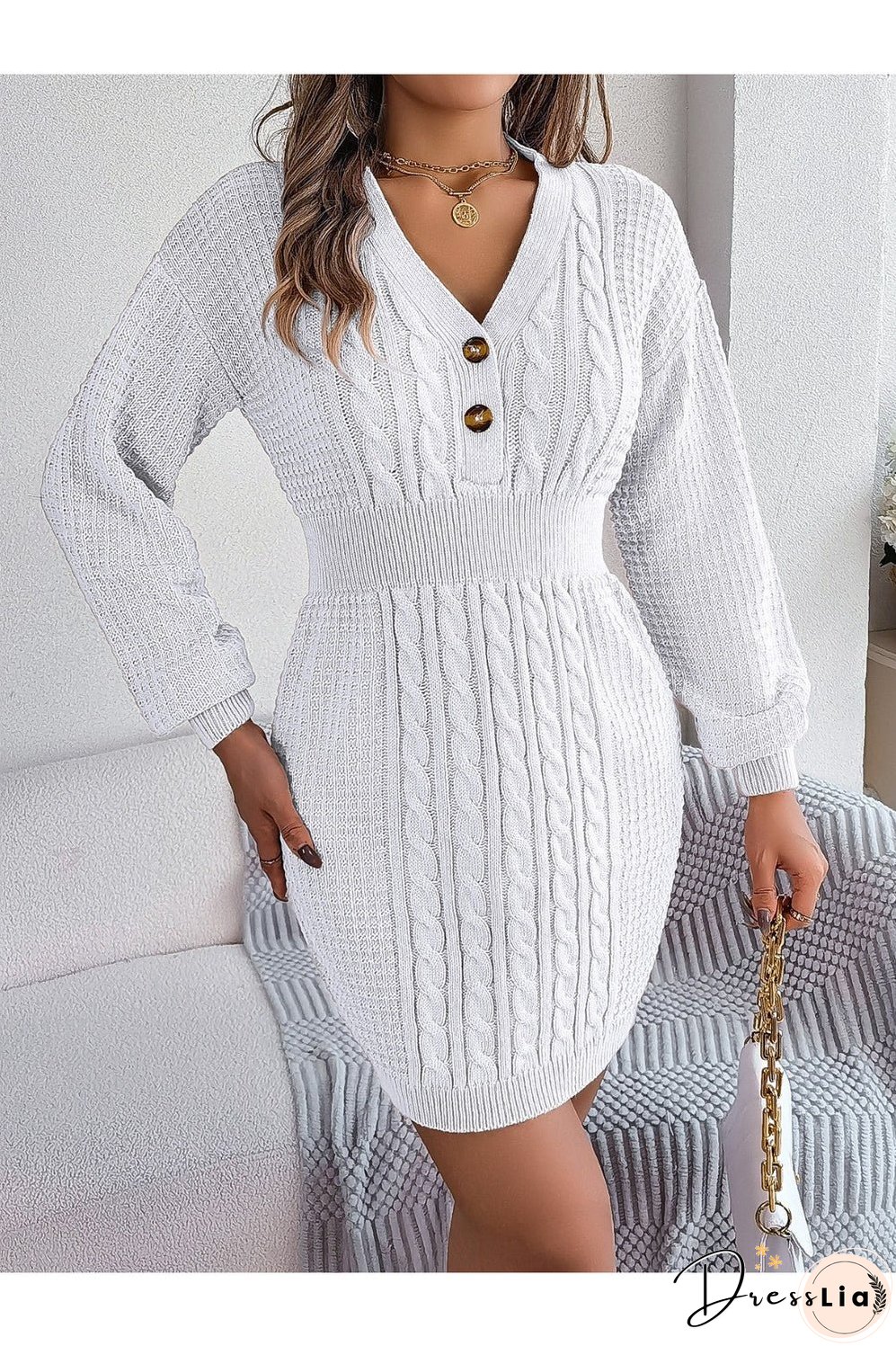 Buttoned Cable-Knit V-Neck Sweater Dress