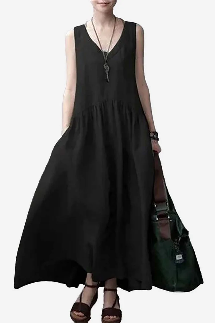 Deep V Neck Sleeveless Pleated Linen Maxi Dress