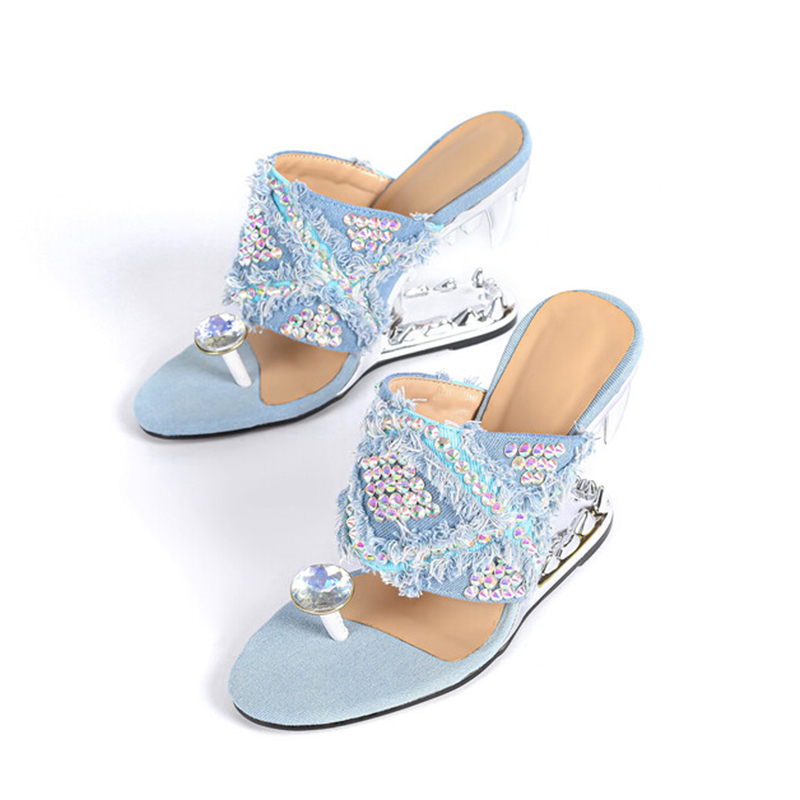 GOOSHOE Custom Women High Wedge Heeled Diamonds Denim Shoes Strange Tiger Teeth Shape Heels Sandals Rhinestone Clip Toe Slippers