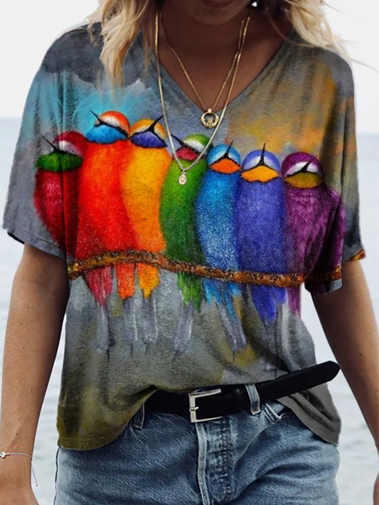 Rainbow Inspired Lovely Birds Art T Shirt