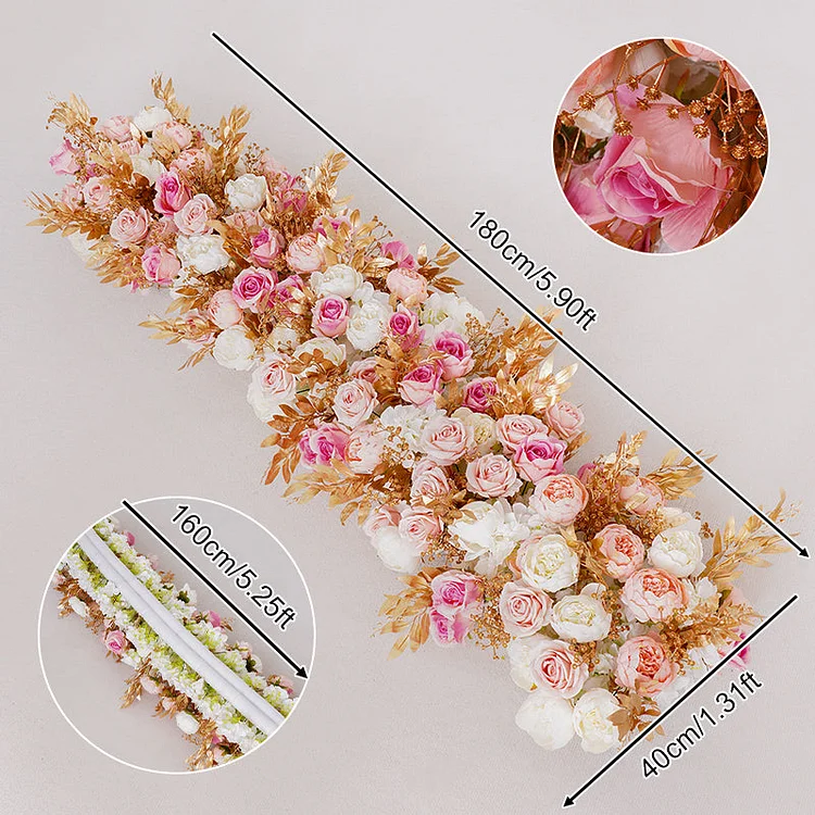 A8715 Luxury Gold Leaf Pink Rose Peony Floral Row Arrangement Decor Wedding Backdrop Heart-Shaped Frame Arch