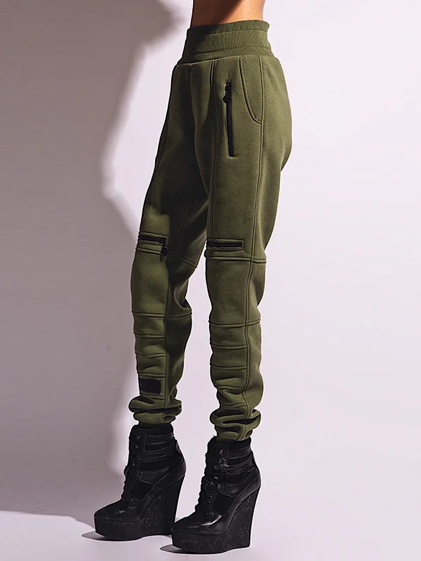 Stylish High-Waisted Solid Color Zipper Casual Sports Pants