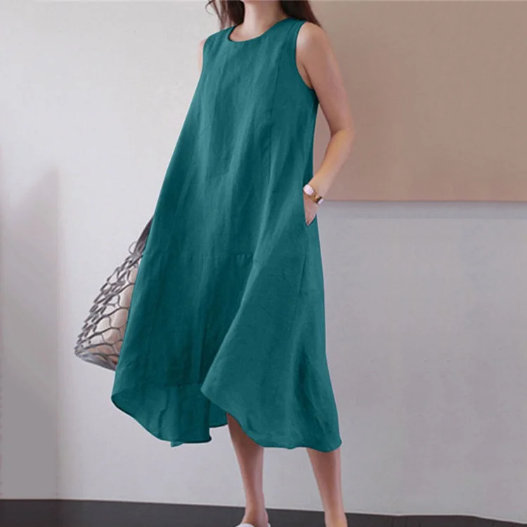 Loose Pocket Solid Cotton Linen Vest Midi Dress