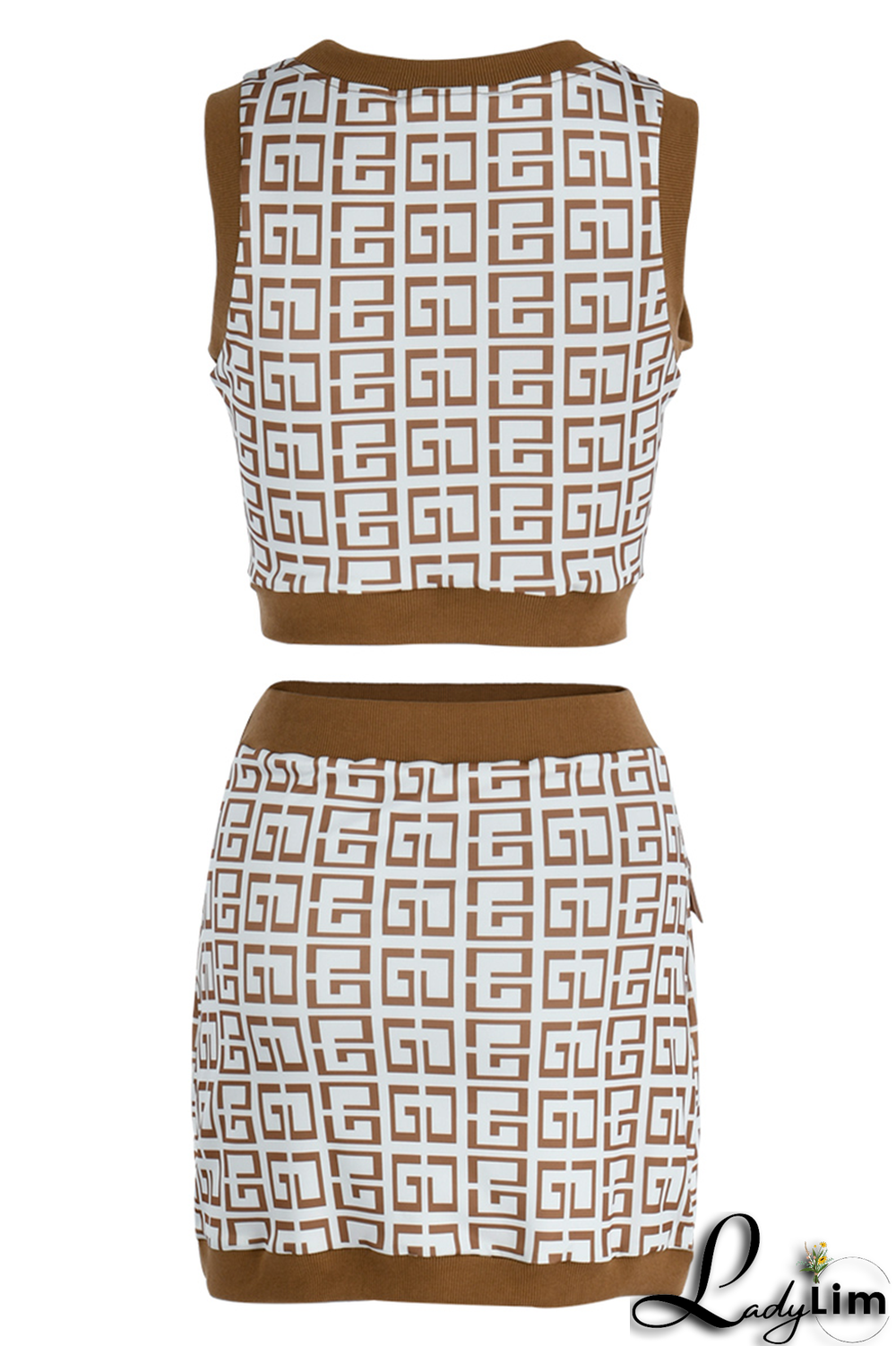 Coffee Sexy Print Buckle O Neck Sleeveless Two Pieces