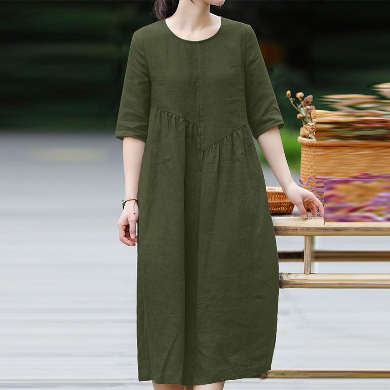 ZANZEA Summer Half Sleeve Solid Dress Women Vintage Cotton Vestido Oversize Party Sundress Robe Femme Holiday Causal Dresses