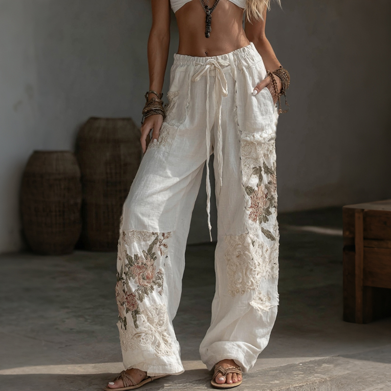 Japanese Floral Patchwork Art Embroidered Casual Linen Pants elevenforest